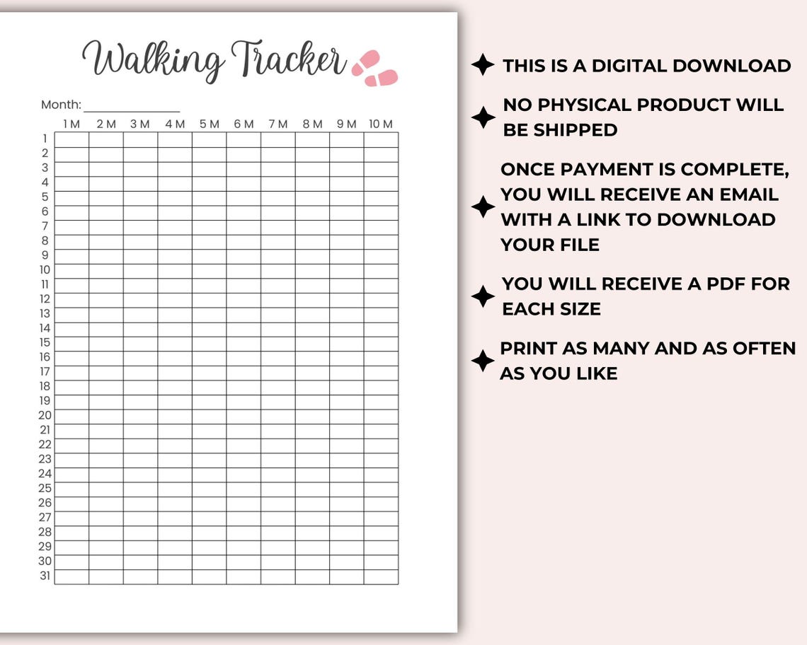 Monthly Walking Tracker Printable - Daily Mileage Log - Journal Page ...