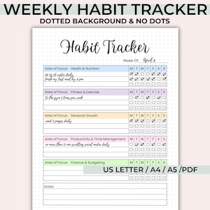 May include: A printable weekly habit tracker with a dotted background. The tracker is divided into five sections: Health & Nutrition, Fitness & Exercise, Personal Growth, Productivity & Time Management, and Finance & Budgeting. Each section has a checklist for each day of the week. The tracker is available in US Letter, A4, A5, and PDF formats.