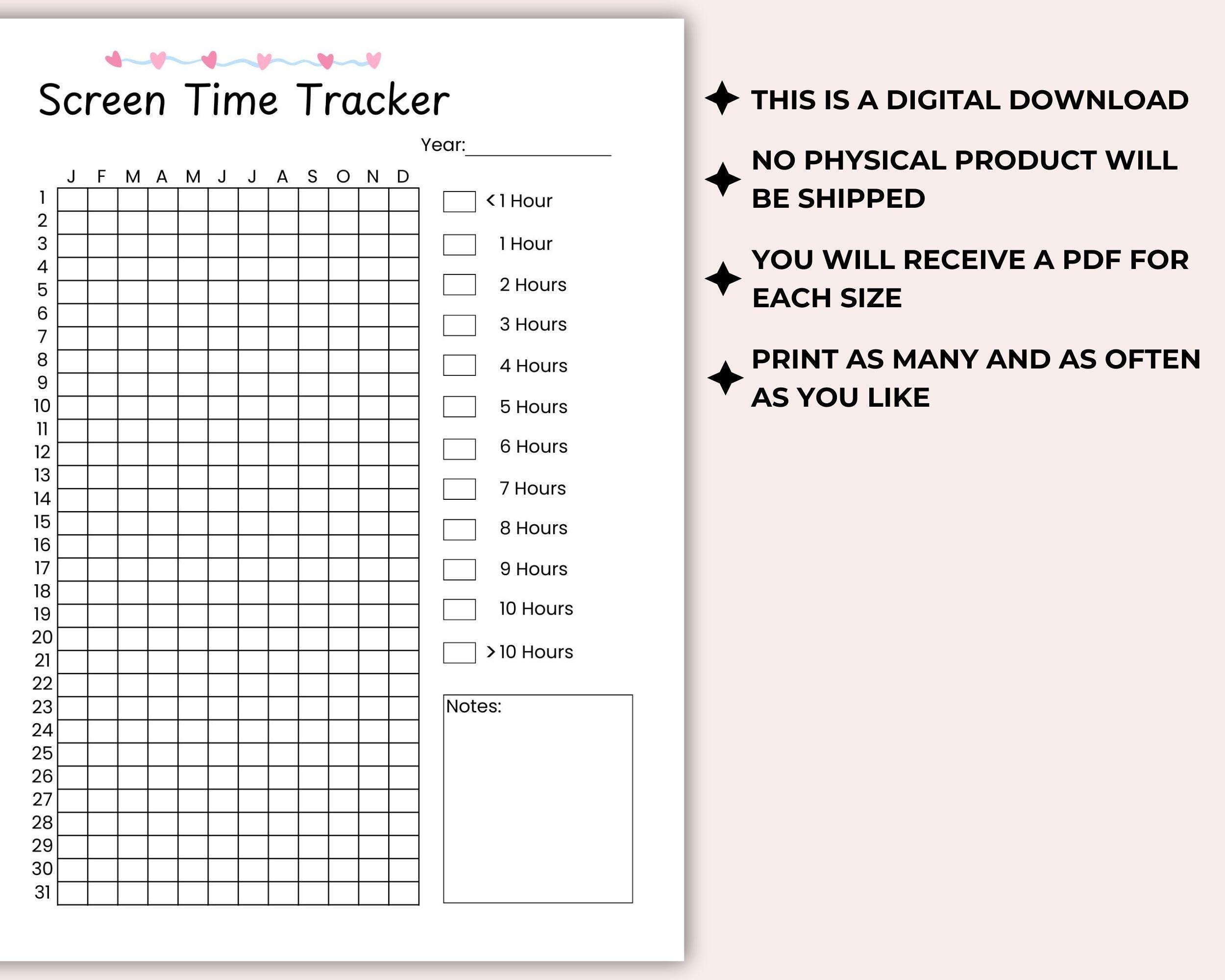 Yearly Screen Time Tracker - Printable Journal Page - Daily Screen Time ...