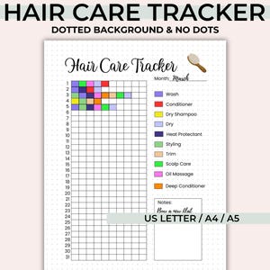 Könnte beinhalten: Ein ausdruckbarer Haarpflegetracker mit einem Raster zur Verfolgung von Haarpflegeroutinen. Der Tracker enthält eine Legende mit farbcodierten Kategorien wie Waschen, Conditioner und Styling. Der Text "Hair Care Tracker" steht oben.
