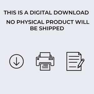Puede incluir: Esta es una descarga digital. No se enviar&aacute; ning&uacute;n producto f&iacute;sico. La imagen muestra tres iconos: una flecha de descarga, una impresora y un documento con un l&aacute;piz.