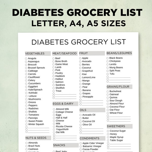 Diabetes Grocery List Printable, Diabetes Food List, Diabetic Meal Plan Grocery List, Diabetes Shopping list, Letter A4 A5 PDF, Low Sugar