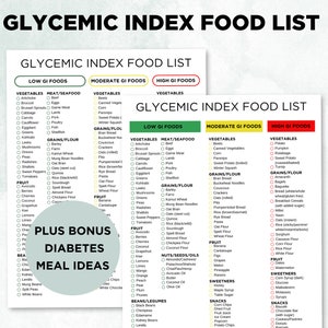 Lista de alimentos con índice glucémico, lista de alimentos para diabéticos, ideas de comidas para diabéticos, lista imprimible de IG, alimentos con IG, tabla de alimentos para diabéticos, tamaño carta (A4, A5, PDF)