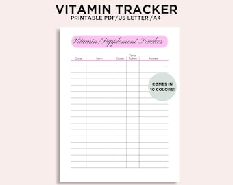 Pode incluir: Rastreador de vitaminas e suplementos imprimível com colunas para data, item, dose, hora tomada e notas. O rastreador está disponível em 10 cores.