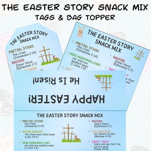 以下が含まれることがあります： 青い背景と白いテキストで書かれた、イースターのスナックミックス用の印刷可能なタグが3つあります。タグには、十字架、ウサギ、バスケットが描かれています。タグのテキストには、「The Easter Story Snack Mix」と「He is Risen!」という単語が含まれています。