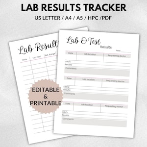 編集可能な検査結果トラッカー - 印刷可能な血液検査トラッカー - 健康記録オーガナイザー - USレター、A4、A5、HPC