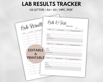 Editable Lab Results Tracker - Printable Blood Work Tracker - Health Record Organizer - US letter, A4, A5, HPC