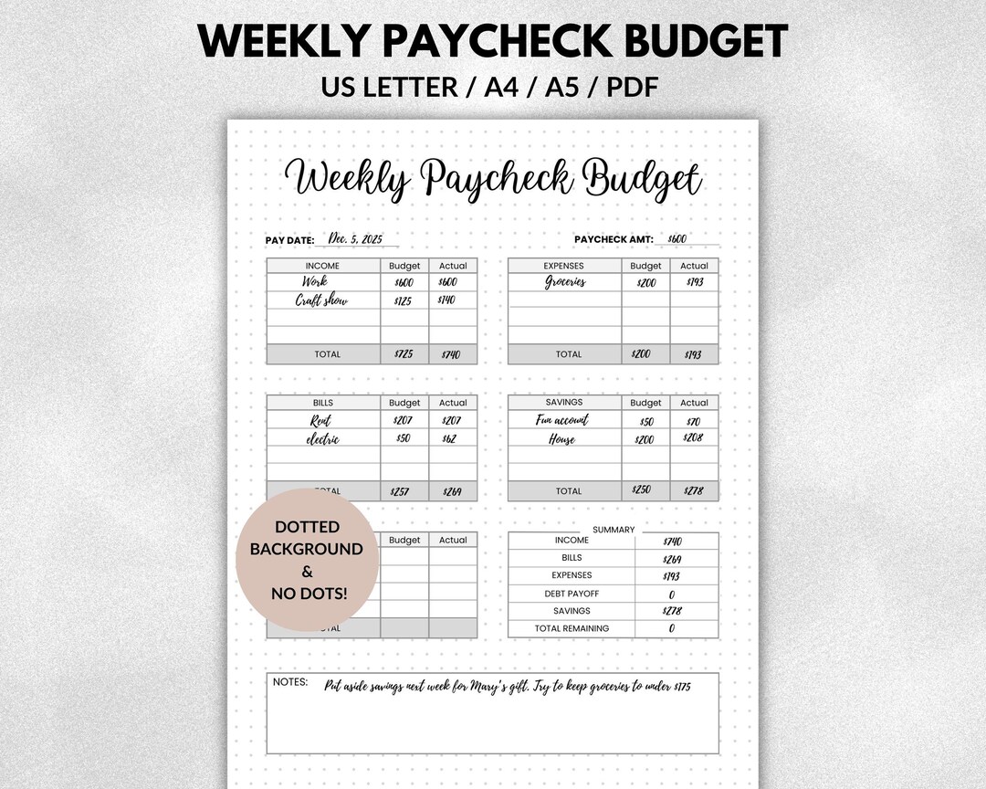 Weekly Income Worksheet Weekly Paycheck Budget Printable, Budget Journal Page, Income & Expense ...
