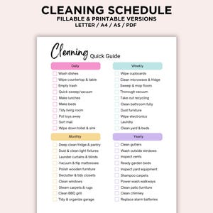編集可能な掃除スケジュール、印刷可能な掃除チャート、日次・週次・月次・年次掃除チェックリスト、ハウスクリーニングトラッカー