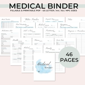 May include: A printable medical binder with 46 pages. The binder includes sections for tracking mood, water intake, medication, lab tests, treatment, health overview, vision exams, medical contacts, family history, doctor visits, symptoms, surgeries and procedures, and hospital bag checklist. The binder is designed to help people organize their medical information.
