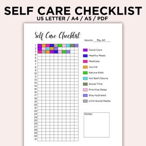 Self Care Checklist Printable, Journal page, Monthly Self Care Log, Daily Self Care Tracker, Daily Well Being, Mental Health Care