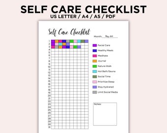 Self Care Checklist Printable, Journal page, Monthly Self Care Log, Daily Self Care Tracker, Daily Well Being, Mental Health Care