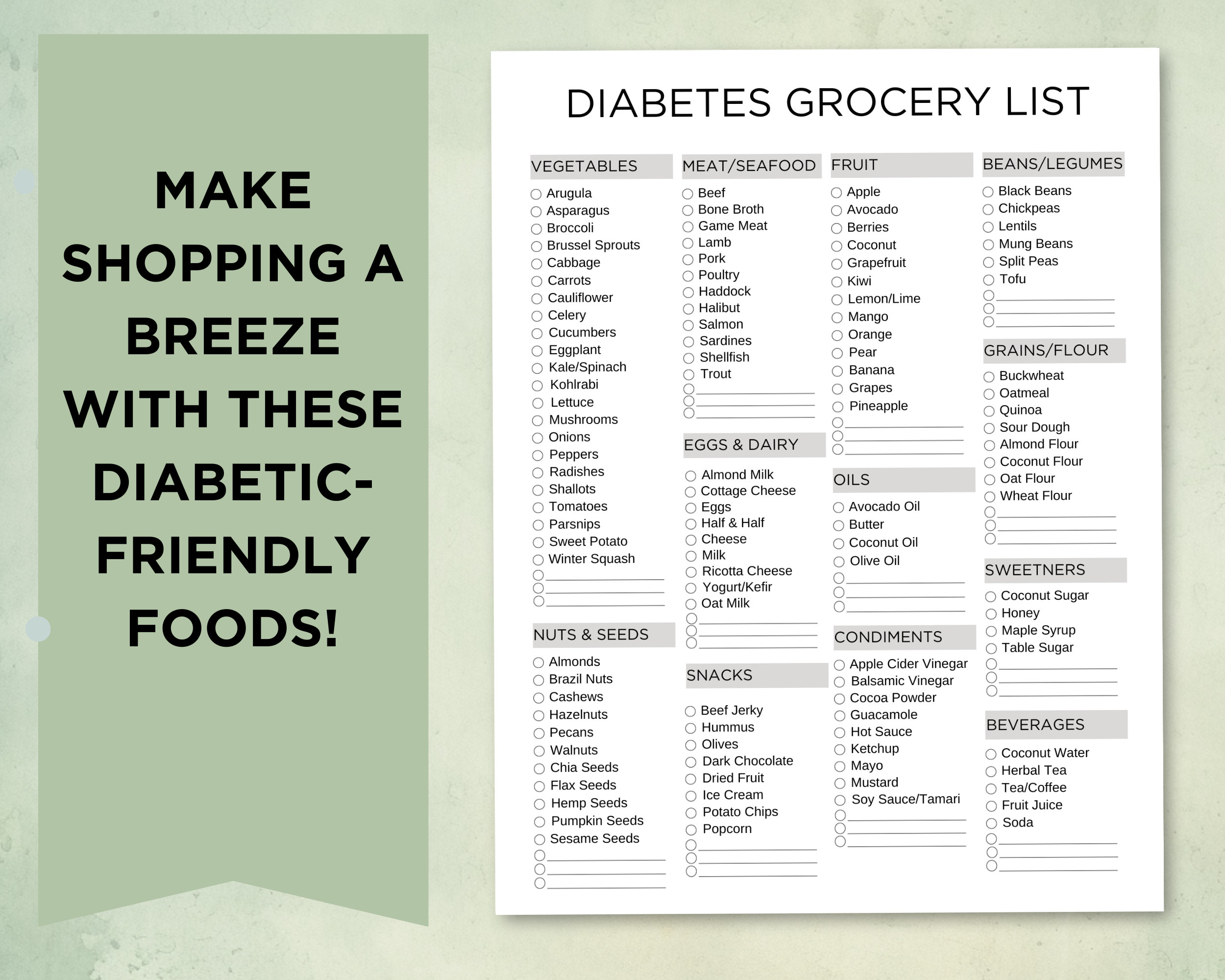 Diabetes Grocery List Printable, Diabetes Food List, Diabetic Meal Plan