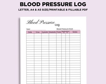 Editable Blood Pressure Log, Printable Blood Pressure Chart, Hypertension Tracker, BP Tracker, Health Log, Blood Pressure PDF, Letter A4 A5