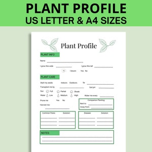 Hoja de perfil de planta imprimible, página de información del jardín, registro de jardinería, rastreador de instrucciones de la planta, guía de cuidado de la planta, registro de planta de letras A4