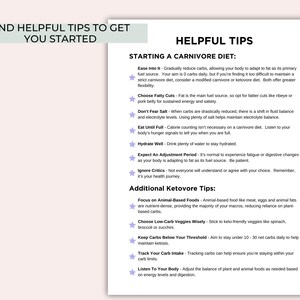 May include: A white sheet of paper with black text outlining helpful tips for starting a carnivore diet. The tips include easing into the diet, choosing fatty cuts of meat, not fearing salt, eating until full, hydrating well, expecting an adjustment period, ignoring critics, focusing on animal-based foods, choosing low-carb veggies wisely, keeping carbs below your threshold, tracking your carb intake, and listening to your body.