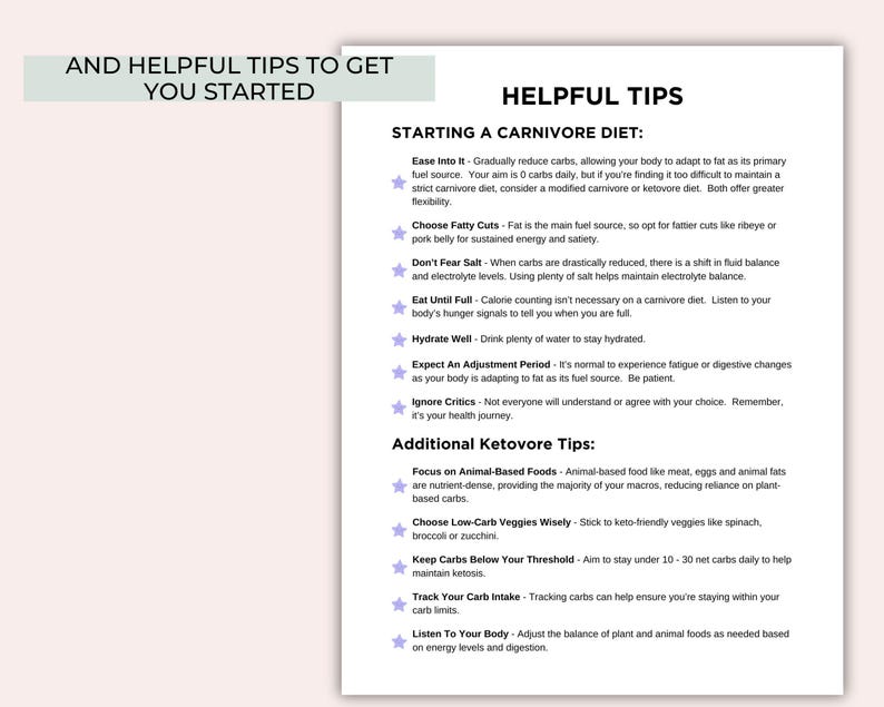 May include: A white sheet of paper with black text outlining helpful tips for starting a carnivore diet. The tips include easing into the diet, choosing fatty cuts of meat, not fearing salt, eating until full, hydrating well, expecting an adjustment period, ignoring critics, focusing on animal-based foods, choosing low-carb veggies wisely, keeping carbs below your threshold, tracking your carb intake, and listening to your body.