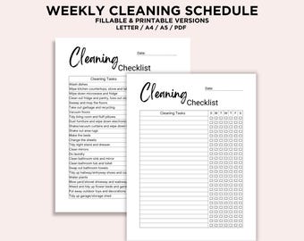 May include: Printable weekly cleaning schedule checklist with a list of cleaning tasks and a grid for marking days of the week. The checklist includes tasks like washing dishes, wiping down countertops, vacuuming floors, making beds, and tidying up the garage.