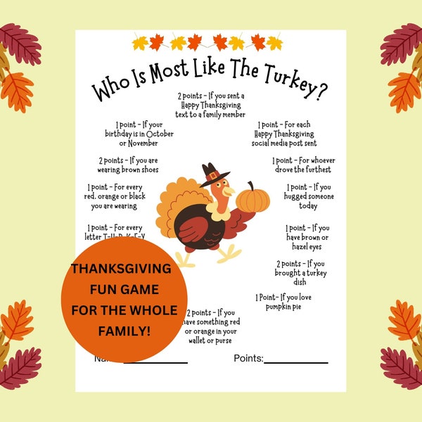 Who Is Most Like The Turkey Thanksgiving Game, Thanksgiving game printable, Icebreaker, Family Game, Office Party, Senior Party Game