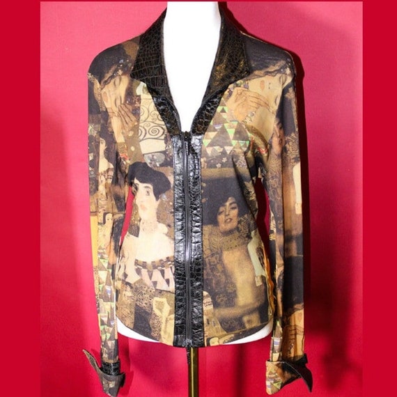 Vintage 1990s Judith Print Blouse with Leather Tri