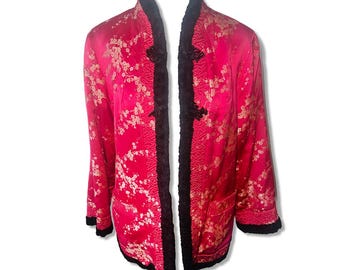 Vintage 1950s Silk Brocade Jacket: Red Asian Motif
