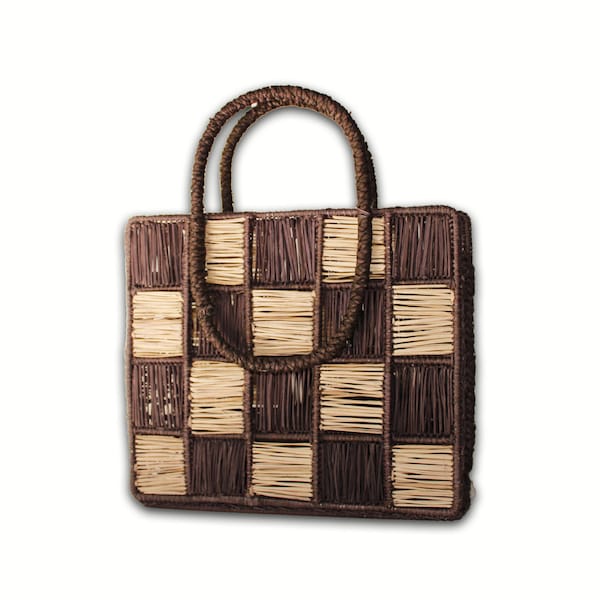 Iraca Palm Bag / Straw Bag with Checkered Print / Basket Straw Purse / Wicker Market Bag / Top Handle Straw Bag /