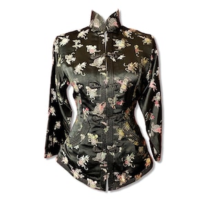 Vintage Asiatische Seidenjacke / Orientalische Themen Bluse / Brokat Bluse / Frosch Stil Verschluss / Manadarin Kragen Bluse / Petite Fit