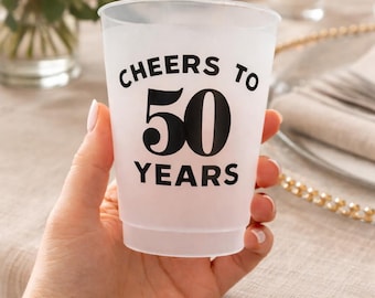 50th Birthday Frosted Cups, Cheers to 50 Years, milestone Birthday Party Cups