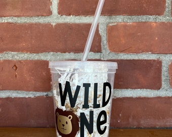 Wild One, first birthday plastic cups with straw. One year old birthday cups, one year old party decor.