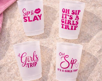 Girls trip party cups. Girls Trip Frosted Plastic Cups – 16oz Reusable | Oh Sip It’s a Girls Trip | Sip & Slay | Beach Bachelorette Party