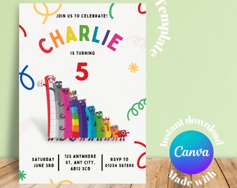 Modèle d'invitation d'anniversaire NumberBlocks : invitation à une fête modifiable (téléchargement numérique)