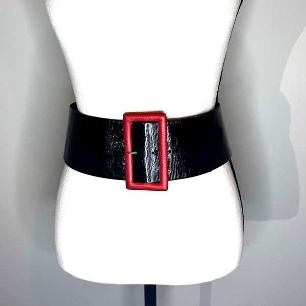 Isabel Canovas Couture Shiny Leather Belt w Red Buckle 1980s