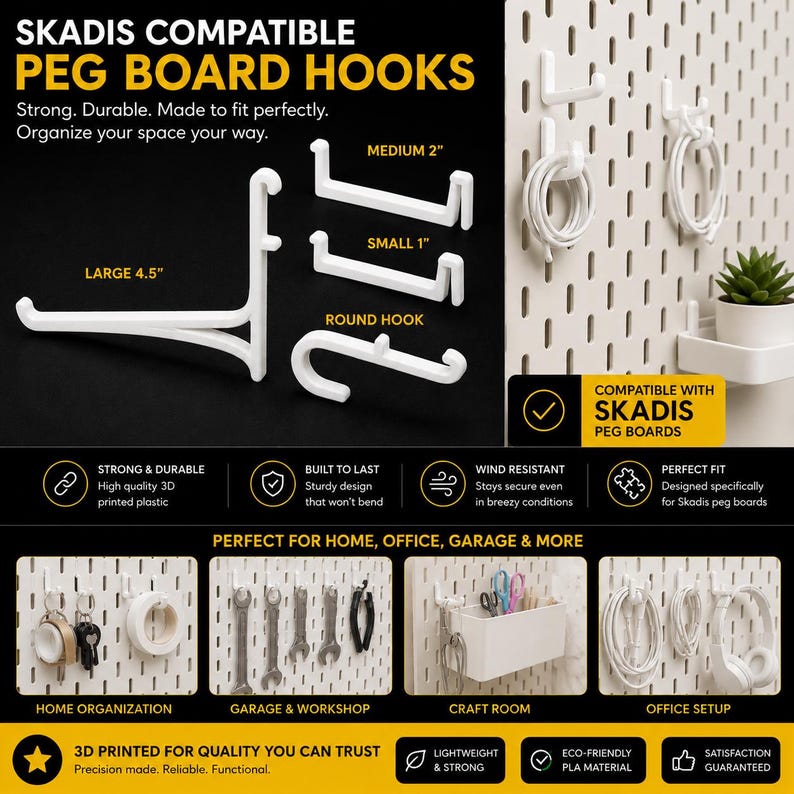 May include: White Skadis compatible peg board hooks in various sizes, including a large 4.5-inch hook, medium 2-inch hook, small 1-inch hook, and a round hook. The image shows the hooks in use, organizing items in a home, office, garage, and craft room.