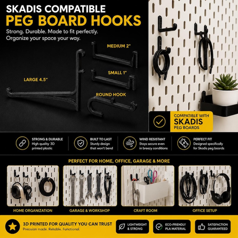 May include: Black Skadis compatible peg board hooks in various sizes, including 4.5-inch, 2-inch, 1-inch, and round hooks. The image shows the hooks in use for home, office, garage, and craft room organization. The hooks are 3D printed and designed for Skadis peg boards.