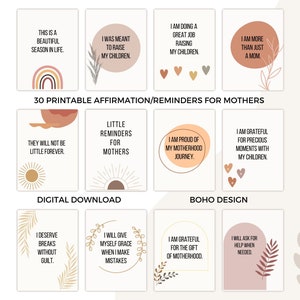 Karty afirmacji/przypomnień o macierzyństwie do wydrukowania, pozytywne afirmacje dla matek, prezent dla mam dających siłę, codzienne pozytywne karty boho