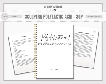 Pode incluir: Um caderno branco e dourado com espiral com o título "Poly-Lactic acid Policies and Procedures" e a palavra "SCULPTRA" na parte inferior. O caderno está aberto em uma página com o texto "DISCLAIMERS, TERMS AND CONDITIONS" e uma seção intitulada "WELCOME".
