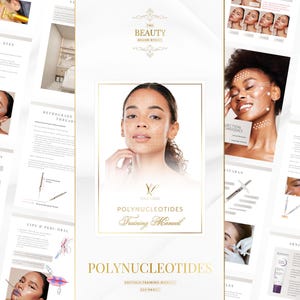 May include: A training manual titled "Polynucleotides" with a gold frame and a woman's portrait. The manual includes images and text about beauty treatments, with the words "Beauty Brand Style" at the top. The manual is on a white background.