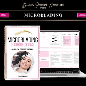 Trainingshandleiding microblading, gids wenkbrauwtatoeage (pdf-e-book en bewerkbare canva-sjabloon)