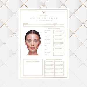 May include: A white and gold treatment record sheet with the text "Botulinum Toxins Treatment Record". The sheet includes a diagram of a face with marked areas, and sections for patient information and treatment details.