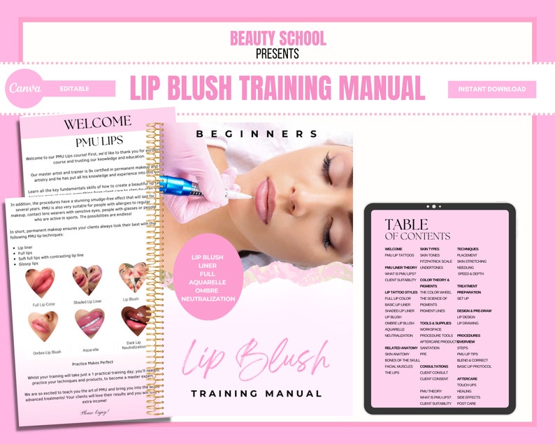 PMU Lip Blush Training Manual, Digital Lips, Tattoo Lip Liner, Ombre