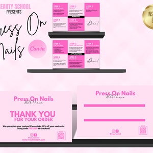 Press On Nails Produktkarte & Anleitung, Mini Bundle Design Set, Anwendung Nagel entfernen, PressOn Verpackung, DIY in Canva