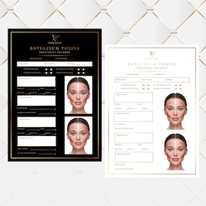 May include: Two Botulinum Toxins Treatment Records, one black and one white, with gold accents. Each record features a woman's face with marked areas. The text "BOTULINUM TOXINS TREATMENT RECORDS" is displayed at the top.