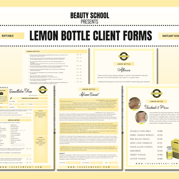 Lemon Bottle Consent Forms, Lemon Bottle Treatment Forms, Lemon Bottle Client Waiver, Lemon Bottle Aftercare, Edit in Canva