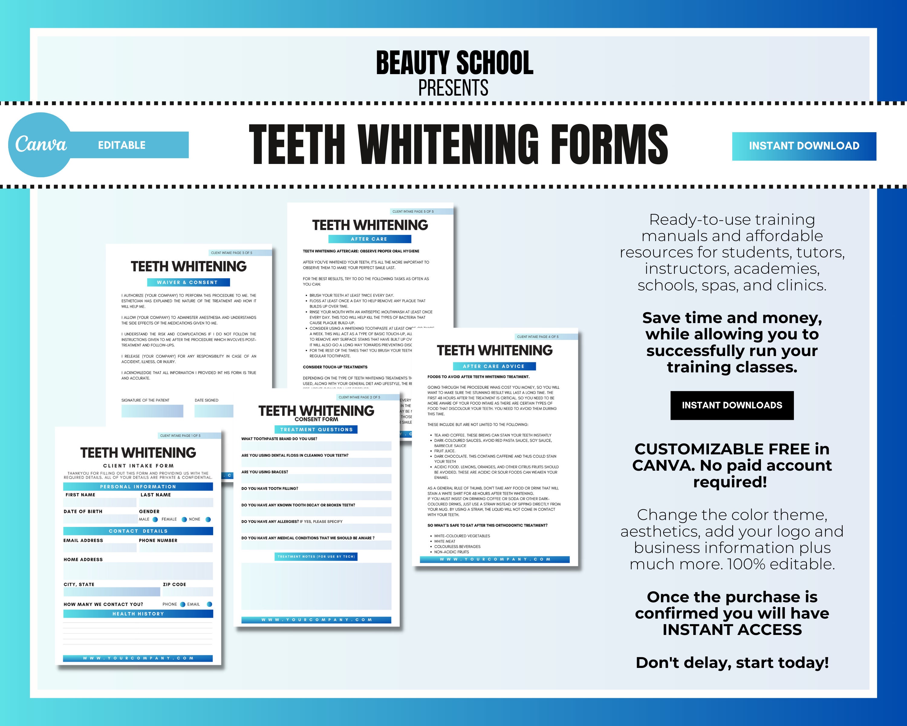 Teeth Whitening Forms, Tooth Whitening Consent Forms, Laser, LED