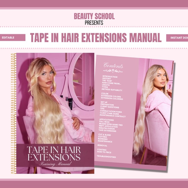 Manuel de formation sur les extensions de cheveux adhésives, Rallonges adhésives, Guide de formation sur les cheveux adhésifs, eBook sur les extensions de cheveux, Édition sur Canva