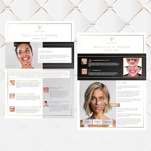 May include: Two-page brochure with the title "Botulinum Toxins Gummy Smile". The brochure features images of smiling faces, diagrams, and text. The color scheme is white, black, and gold.