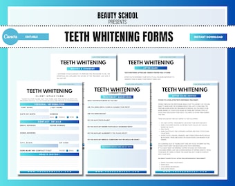 May include: A set of three printable forms for teeth whitening services. The forms include a client intake form, a consent form, and an aftercare advice form. The forms are designed in a blue and white color scheme with the text "Teeth Whitening Forms" at the top.
