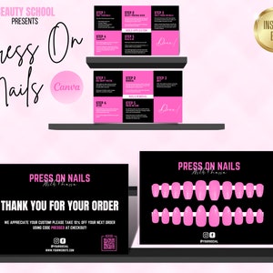 Modelos de cartão de produto e cartão de instruções Press On Nails, conjunto de design de mini pacote, como aplicar removedor de unha, embalagem PressOn, faça você mesmo no Canva