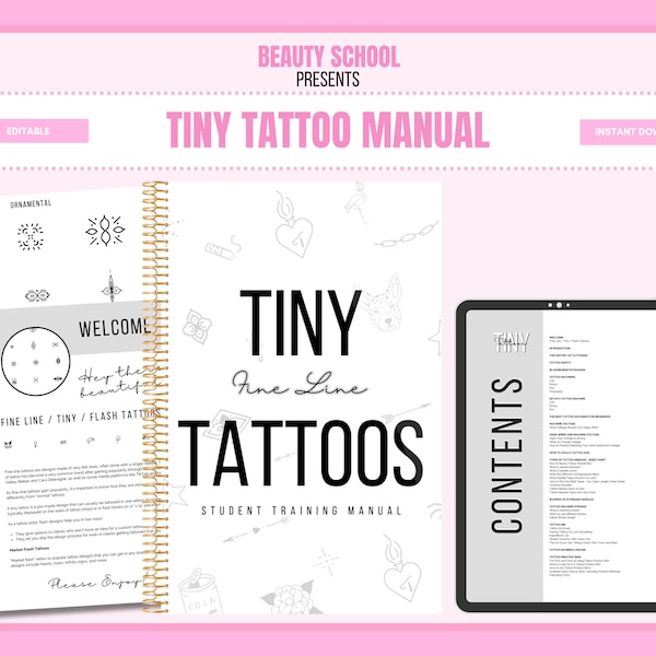 Tiny Tattoo Manual, Fine Line Tattoo Training Guide, Student Training Manual, Learn or Teach, Digital PDF eBook, Edit in Canva