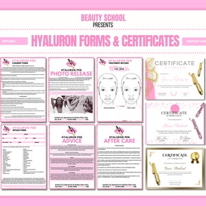 May include: A set of printable forms and certificates for Hyaluron Pen treatments. The forms include a consent form, photo release, intake form, advice, and aftercare instructions. The certificates are for completion and appreciation. The forms and certificates are pink and white with gold accents.